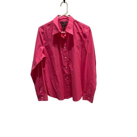 Lauren Ralph Lauren No Iron Pink Button Front Polo Chest Logo Women’s Large - Picture 1 of 5